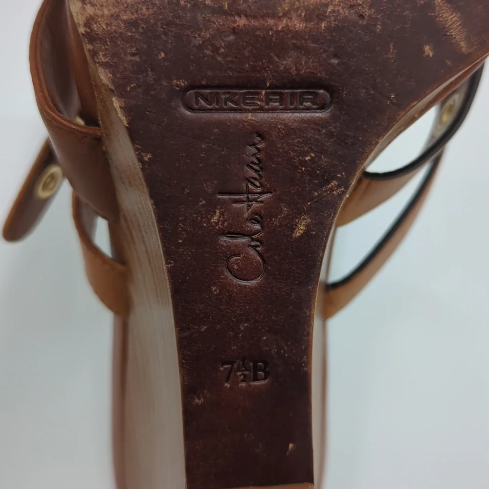 Cole Haan Whitney Wedge Leather Sandals 7.5B Brown Eyelet Strappy Slip On Women